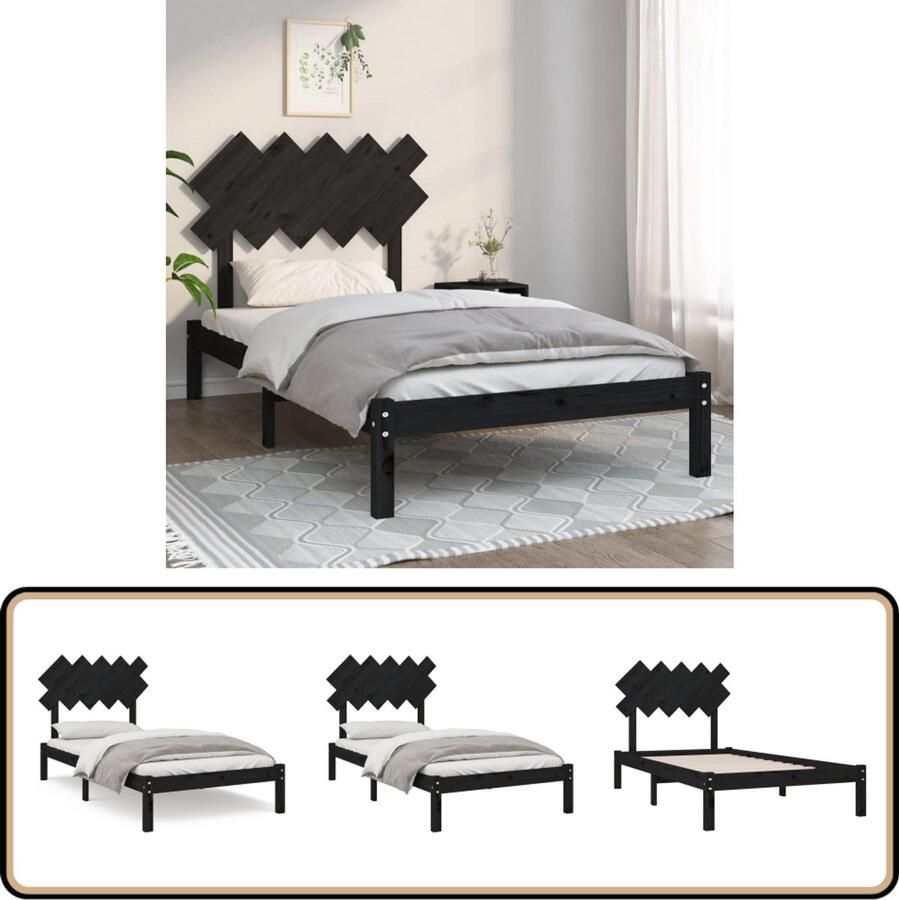 VidaXL Bedframe massief hout zwart 100x200 cm Houten Bed Frame Tweepersoons Bed Zwarte Bedbank Modern Bed Design Bed