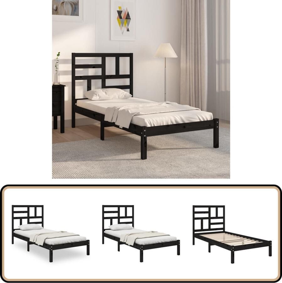 VidaXL Bedframe Massief Hout Zwart 100x200 cm Houten Bedframe Eenpersoonsbed Massief Grenenhout Zwart Bed Modern Bed Stapelbare Bedden Klein Bed Kinderbed