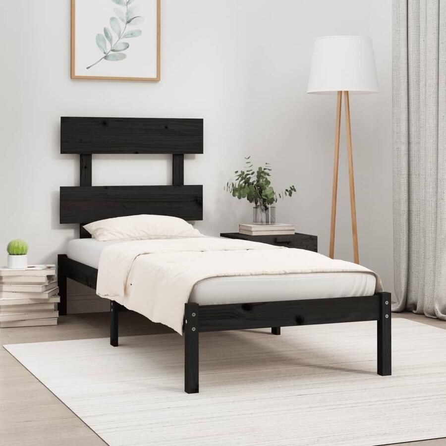 VidaXL Bedframe massief hout zwart 100x200 cm Houten Bedframe Massief Grenenhout Tweepersoons Bed Zwarte Bedbank Hoofdbord Slaapcomfort Modern Bed Minimalistisch Bed Kamerdecoratie - Foto 2