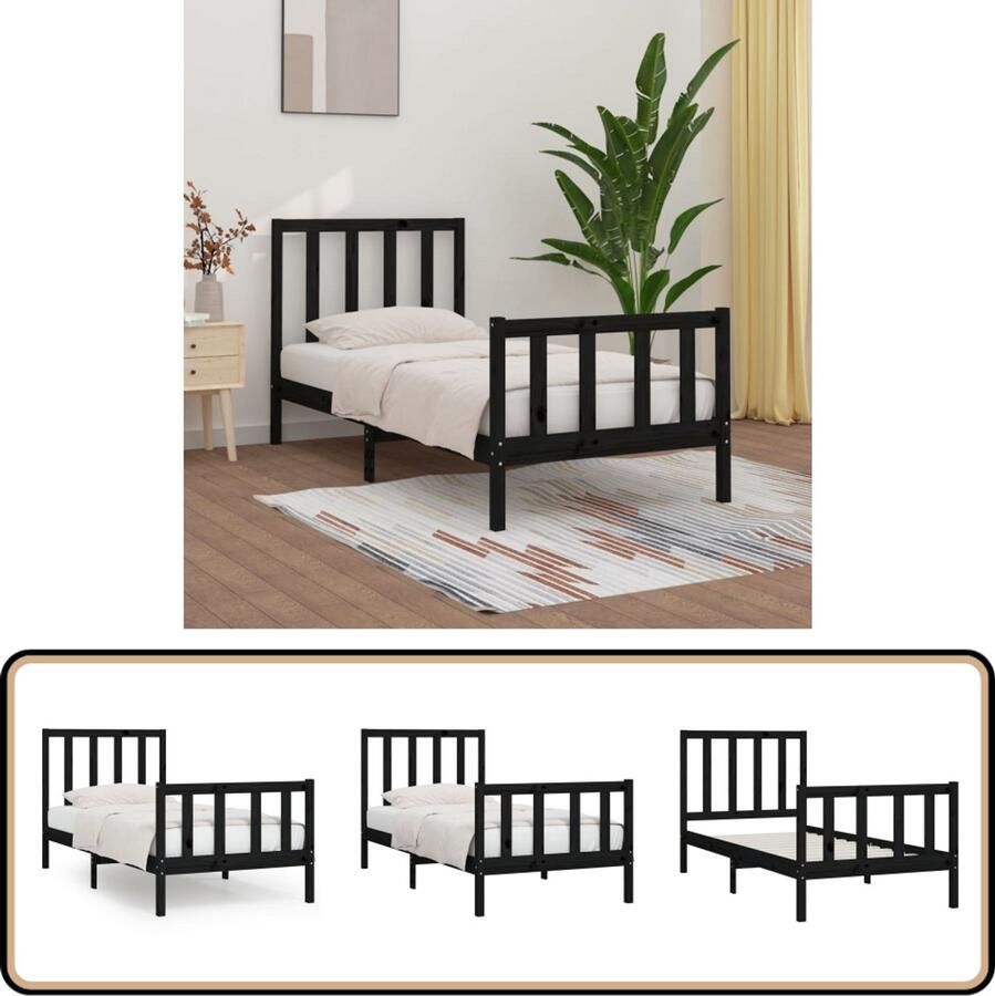 VidaXL Bedframe Massief Hout Zwart 100x200 cm Houten Bedframe Tweepersoons Bed Massief Grenenhout Zwarte Bedbank Bed Voor Volwassenen