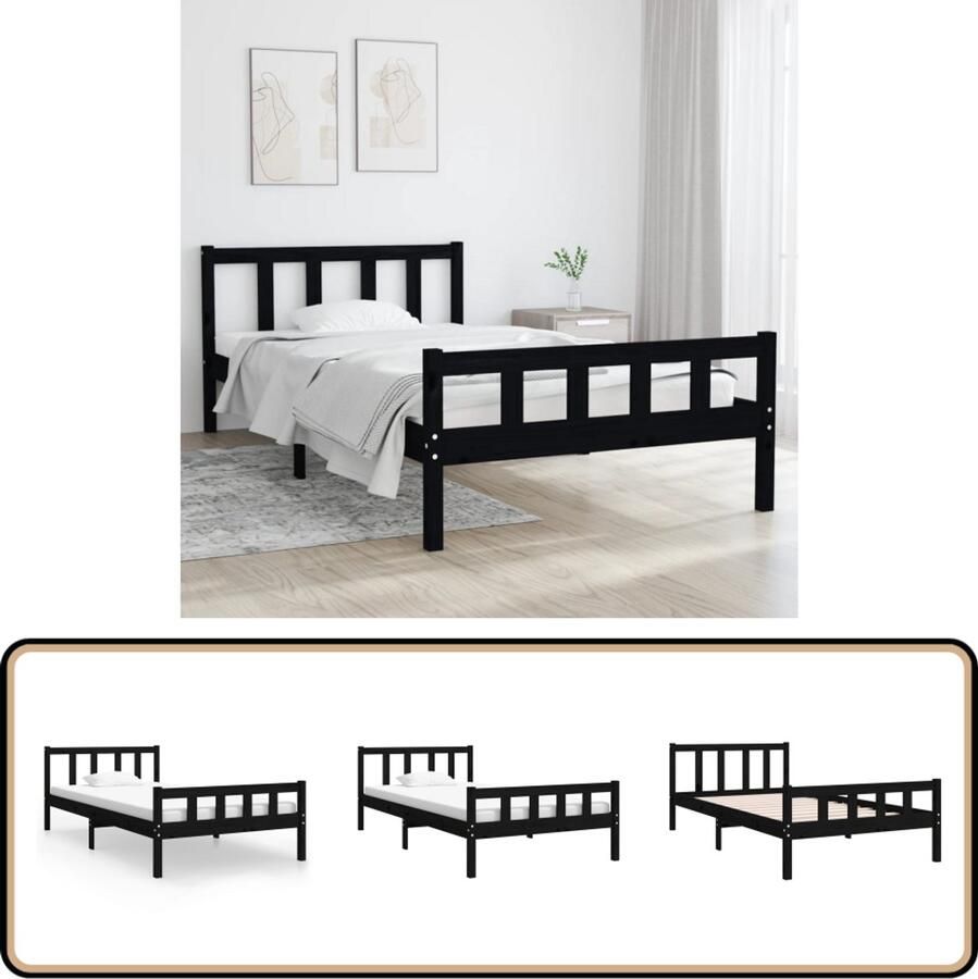 VidaXL Bedframe Massief Hout Zwart 100x200 cm Klassieke Bedframe Houten Bed Tweepersoonsbed Massief Grenenhout Zwarte Bedframe