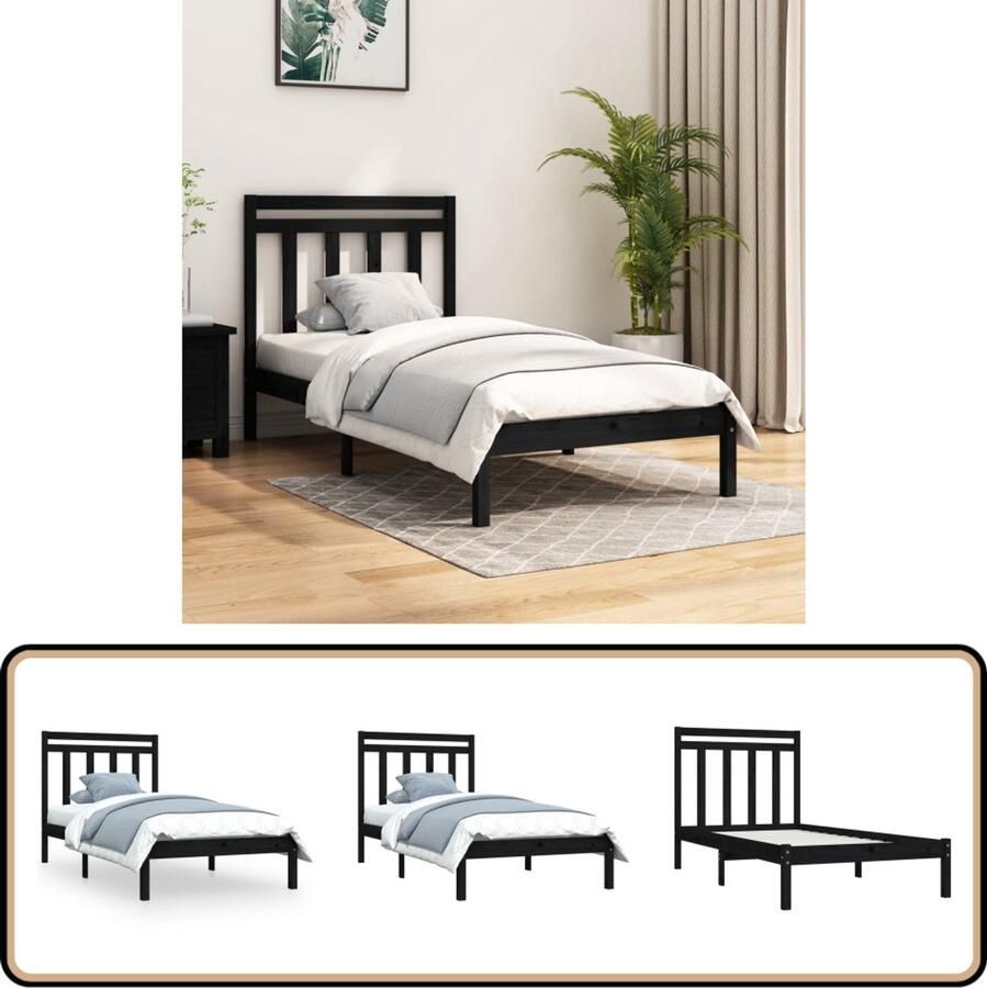 VidaXL Bedframe Massief Hout Zwart 100x200 cm Klassieke Bedframe Massief Grenenhout Zwarte Bedframe Tweepersoons Bed Houten Bedframe