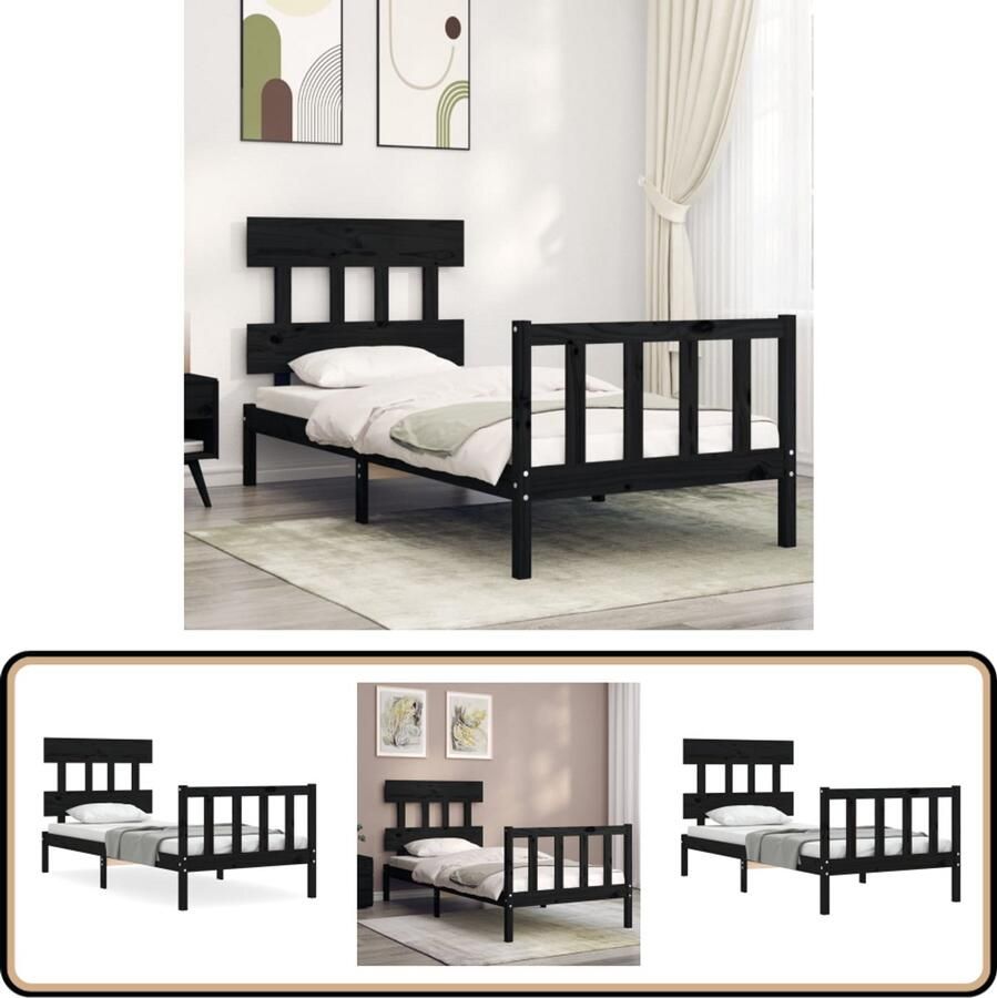 VidaXL Bedframe Massief Hout Zwart 100x200 cm Massief Houten Bed Frame Zweepslank Bed Tweepersoons Bed Zwarte Bed Design Bed
