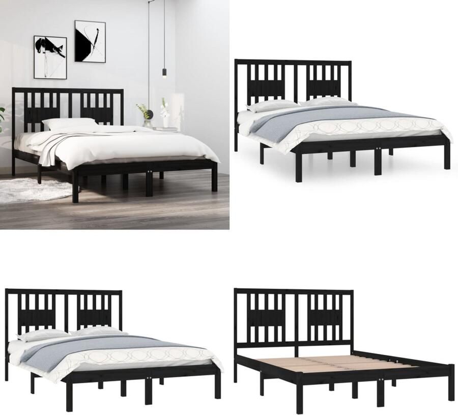 VidaXL Bedframe massief hout zwart 120x190 cm 4FT Small Double Bedframe Bedframes Tweepersoonsbed Bed