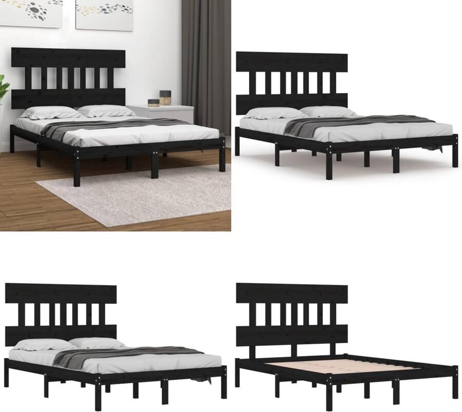 VidaXL Bedframe massief hout zwart 120x190 cm 4FT Small Double Bedframe Bedframes Tweepersoonsbed Bed - Foto 3