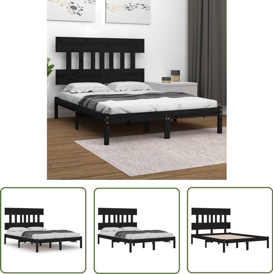 VidaXL Bedframe Massief Hout Zwart 120x190 cm Houten Bedframe Bedbank Tweepersoonsbed King Size Bed Boxspring