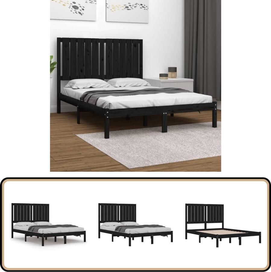 VidaXL Bedframe massief hout zwart 120x190 cm Houten Bedframe Massief Grenenhout Zwarte Bedpost Tweepersoons Bed Modern Bed