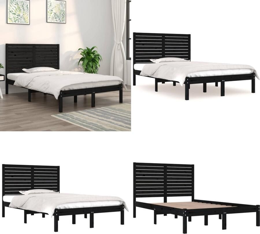VidaXL -Bedframe-massief-hout-zwart-135x190-cm-4FT6-Double - Foto 1