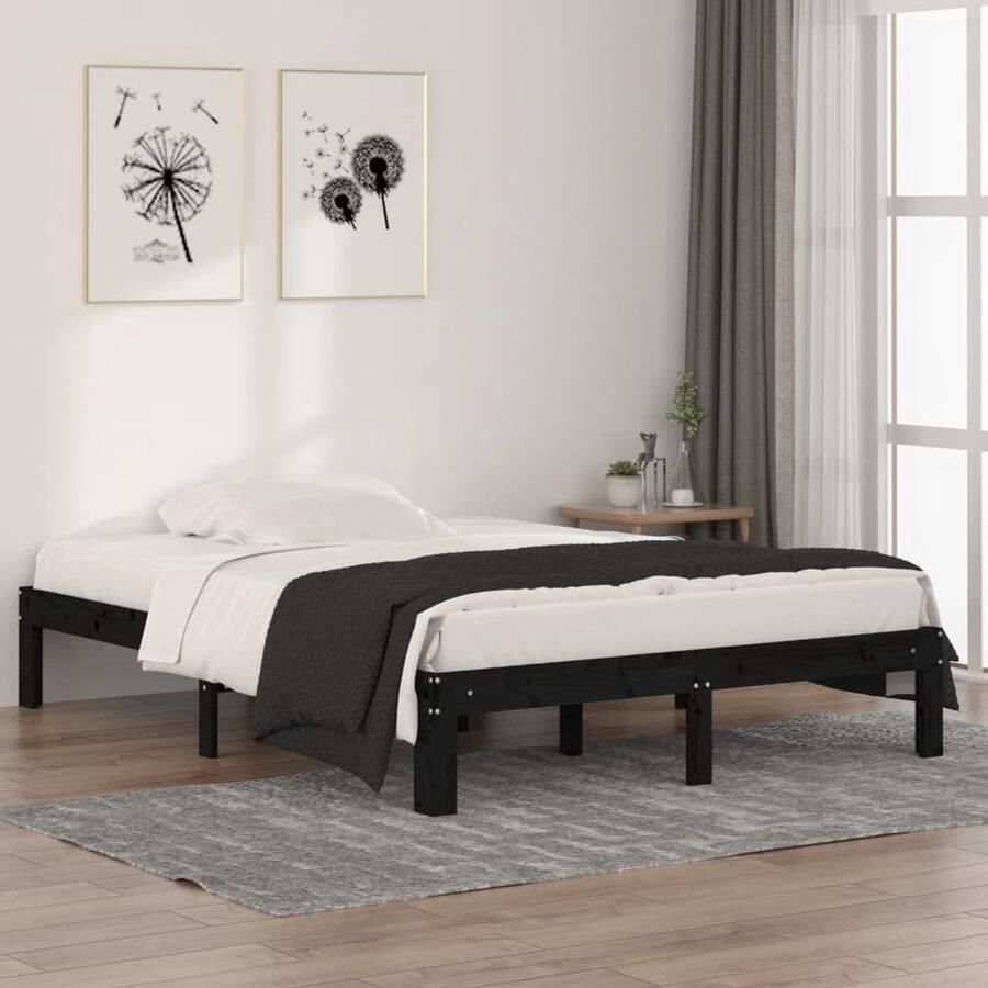VidaXL Bedframe Massief Hout Zwart 135x190 cm Houten Bedframe Massief Grenenhout Modern Design Stabiel Bedframe Luxe Look Zwart Bedframe Tweepersoons Bed King Size Bed - Foto 2