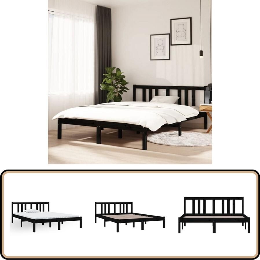 VidaXL Bedframe Massief Hout Zwart 135x190 cm Houten Bedframe Massief Hout Bedframe Modern Bedframe Zwarte Bedframe Tweepersoons Bedframe