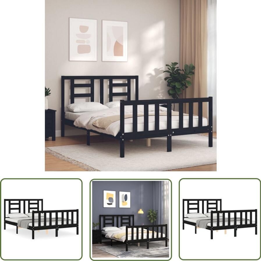 VidaXL Bedframe Massief Hout Zwart 135x190 cm Massief Hout Bed Frame Zwarte Bedpost Tweepersoons Bed Grenenhout Bed Boxspring Bed