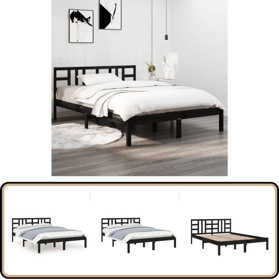 VidaXL Bedframe massief hout zwart 140x190 cm Bed Frame Houten Bed Grenenhouten Bed Boxspring Frame King Size Bed Dubbel Bed Zware Bed Frame