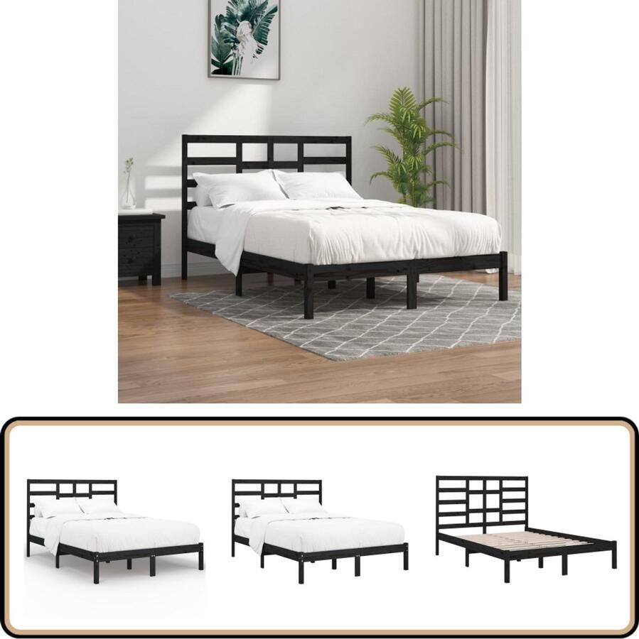 VidaXL Bedframe Massief Hout Zwart 140x190 cm Houten Bedframe Massief Grenenhout Zwarte Bedpost Tweepersoons Bed Modern Bed Stapelbare Bedbodems