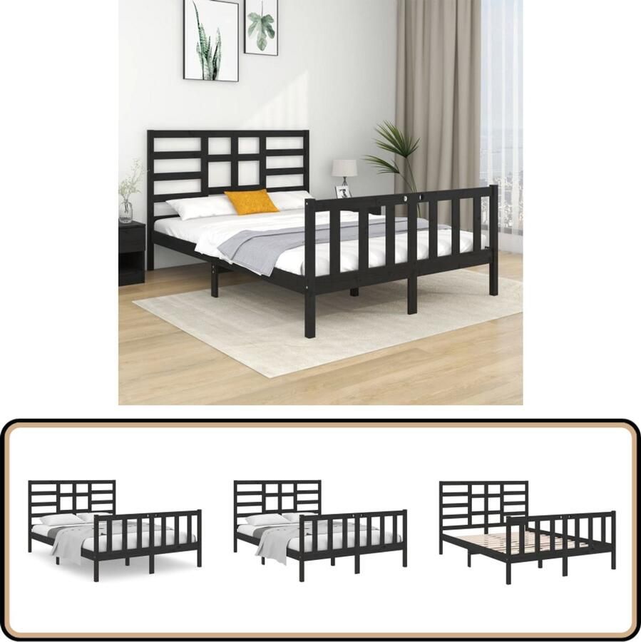 VidaXL Bedframe Massief Hout Zwart 140x190 cm Houten Bedframe Modern Design Zwarte Kleur Massief Grenenhout Stabiel Bedframe