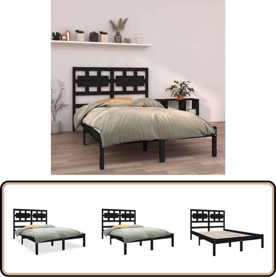 VidaXL Bedframe massief hout zwart 140x190 cm Houten Bedframe Tweepersoonsbed Massief Grenenhout Zwarte Bedbank Modern Bed Minimalistisch Bed Comfortabel Bed Stapelbare Bedbodems