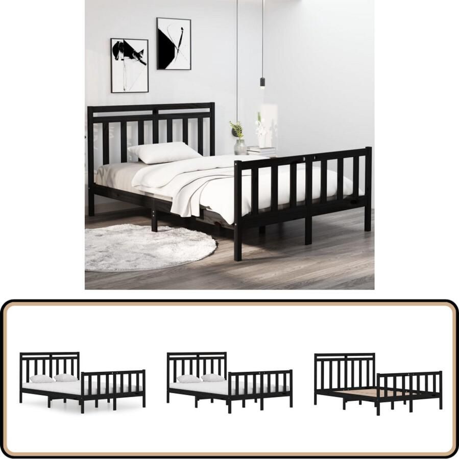 VidaXL Bedframe Massief hout Zwart 140x190 cm Klassieke Bed Frame Massief Grenenhout Tweepersoonsbed Zwarte Bed Frame Houten Bed Frame Comfortabel Bed Frame