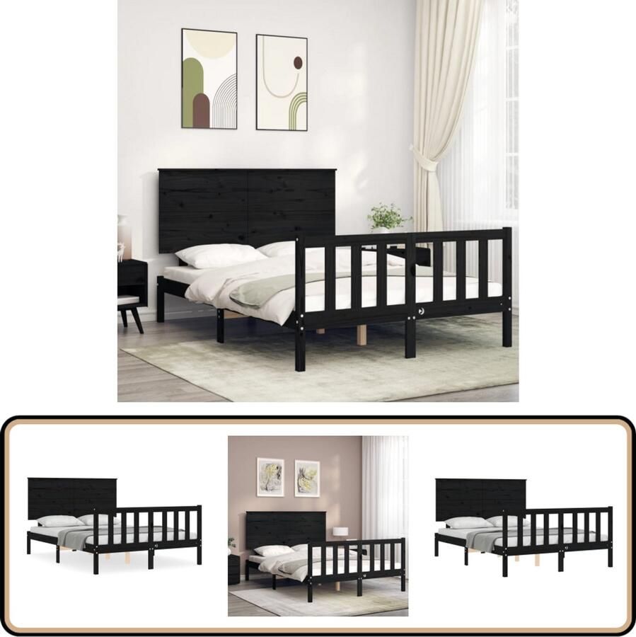 VidaXL Bedframe Massief Hout Zwart 140x190 cm Massief Grenenhouten Bed Frame Zwarte Bed Frame Tweepersoons Bed Frame Hoofd Bord Bed Frame Met Hoofdbord