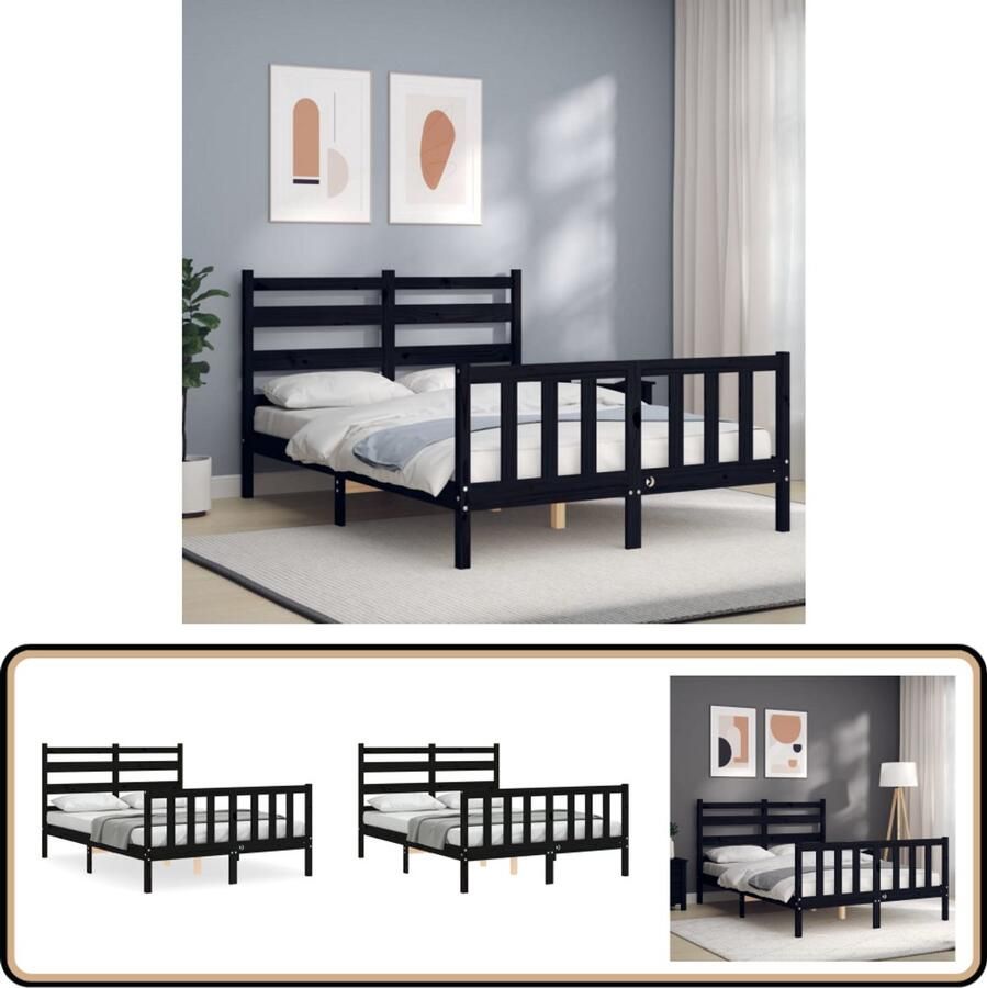 VidaXL Bedframe Massief Hout Zwart 140x190 cm Massief Grenenhouten Bed Frame Zwarte Bedpost Tweepersoons Bed Boxspring Bed Slaapkamer Meubels Slaapkamerdecor