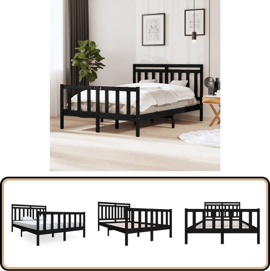 VidaXL Bedframe Massief Hout Zwart 140x190 cm Massief Houten Bed Zwarte Bed Frame Box Spring Bed King Size Bed Twee Persoons Bed Slaapcomfort