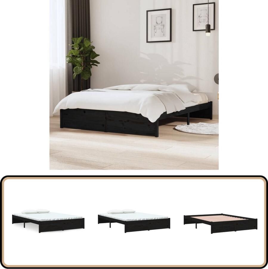 VidaXL Bedframe Massief Hout Zwart 140x190 cm Modern Bedframe Houten Bed Zwarte Bed Stapelbaar Bed Tweepersoons Bed King Size Bed Boxspring Bed Minimalistisch Bed Landelijk Bed Industrieel Bed Bedroom Furniture