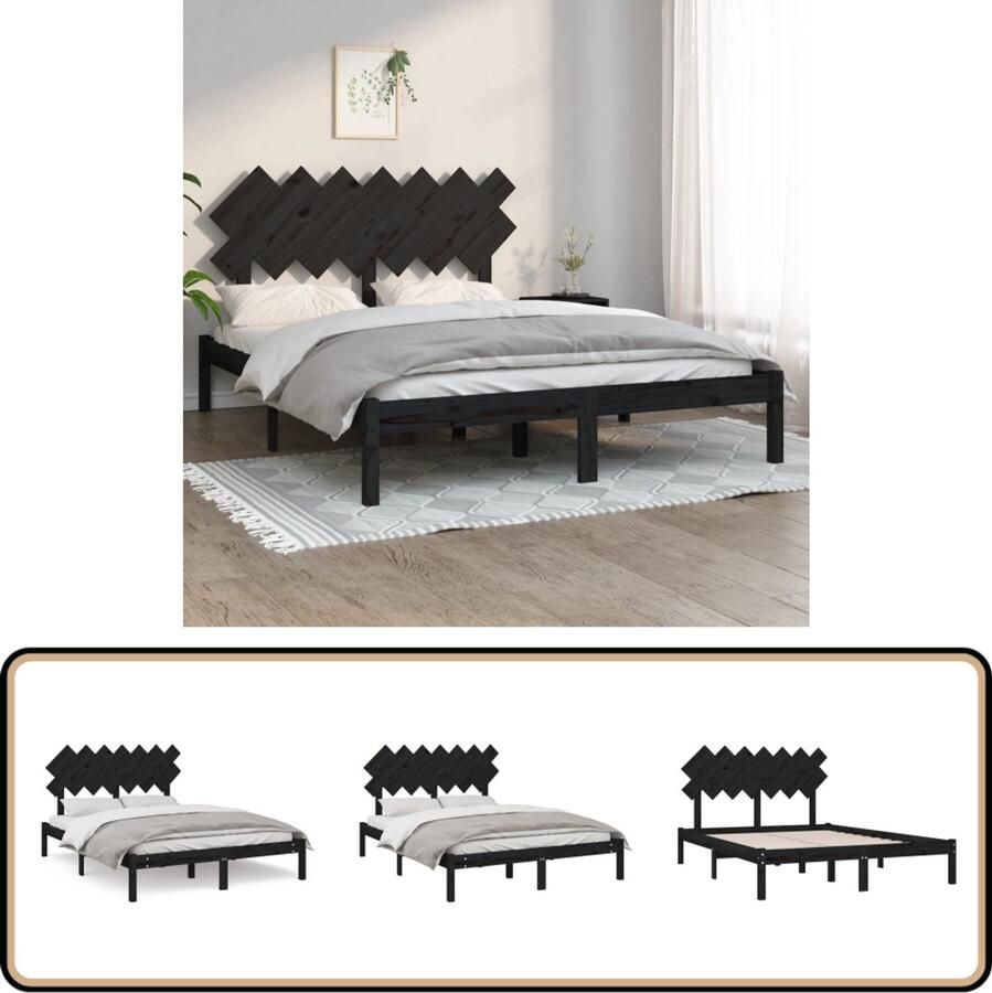 VidaXL Bedframe Massief Hout Zwart 140x200 cm Houten Bed Frame Tweepersoons Bed Zwarte Bedpost Modern Bed Slaapcomfort Design Bed Budget Bed