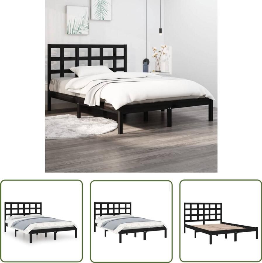 VidaXL Bedframe Massief Hout Zwart 140x200 cm Houten Bedframe Tweepersoons Bed Massief Grenenhout Zwarte Bedbank Hoofdeinde Bijslaapkamers