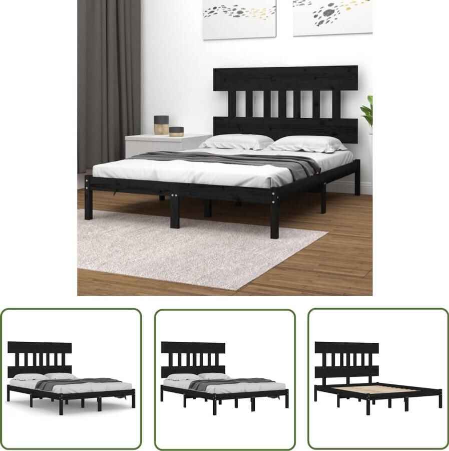 VidaXL Bedframe massief hout zwart 140x200 cm Houten Bedframe Tweepersoons Bed Zwarte Bed Frame Boxspring Bed Stapelbare Bedden Modern Bed Minimalistisch Bed Landelijk Bed