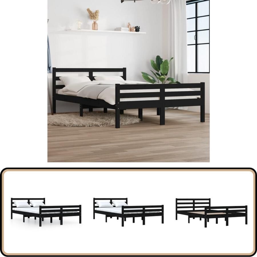 VidaXL Bedframe Massief Hout Zwart 150x200 cm Houten Bedframe King Size Bed Zwarte Bedframe Modern Bedframe Tweepersoons Bed