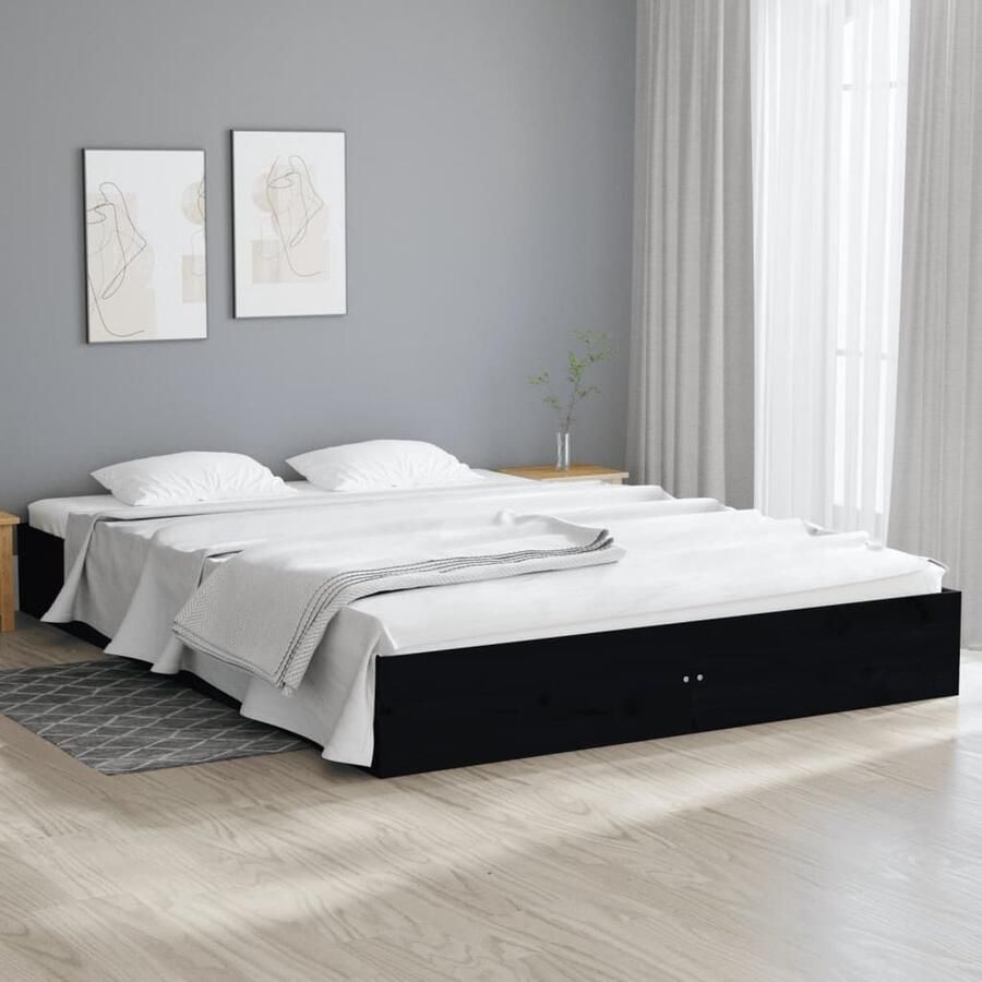 VidaXL Bedframe Massief Hout Zwart 150x200 cm Houten Bedframe Tweepersoons Bed King Size Bed Zwarte Bedbank Modern Bed Massief Grenenhout - Foto 2