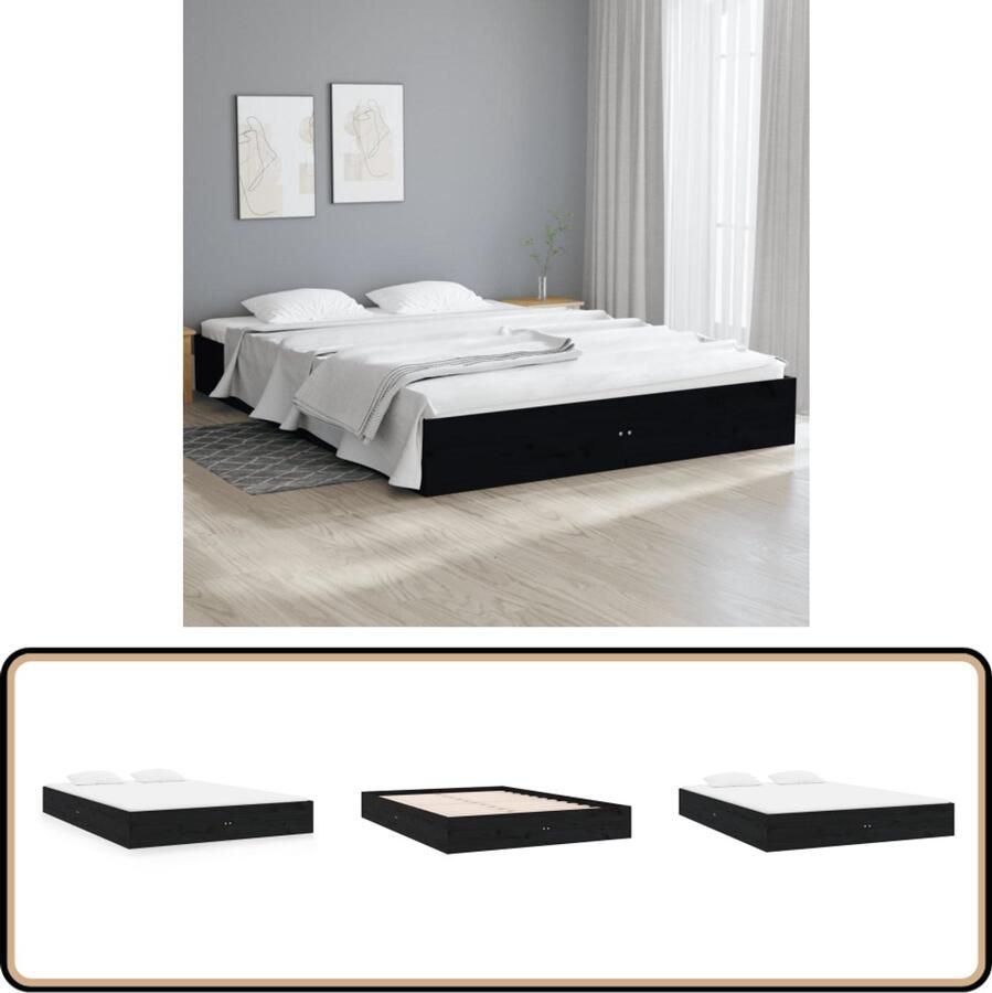 VidaXL Bedframe Massief Hout Zwart 150x200 cm Houten Bedframe Tweepersoons Bed King Size Bed Zwarte Bedbank Modern Bed Massief Grenenhout