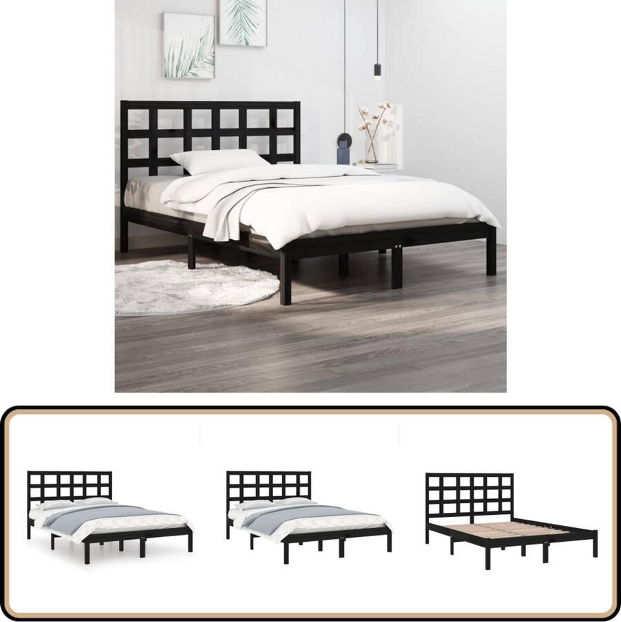 VidaXL Bedframe Massief Hout Zwart 150x200 cm Houten Bedframe Tweepersoons Bed Zwarte Bedbank King Size Bed Massief Grenenhout Bed Hoofdeinde Bij Bed