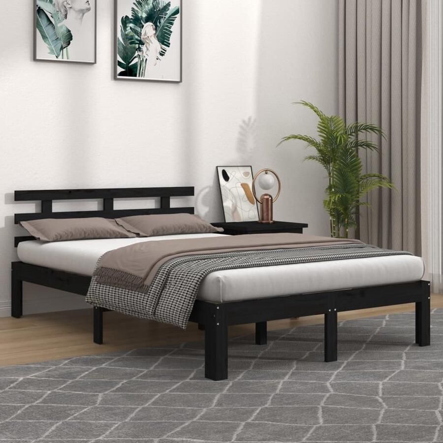 VidaXL Bedframe Massief Hout Zwart 150x200 cm Houten Bedframe Tweepersoons Bed Zwarte Bedpost Modern Bed Design Bed Massief Grenenhout Stabiele Bedbodems - Foto 2
