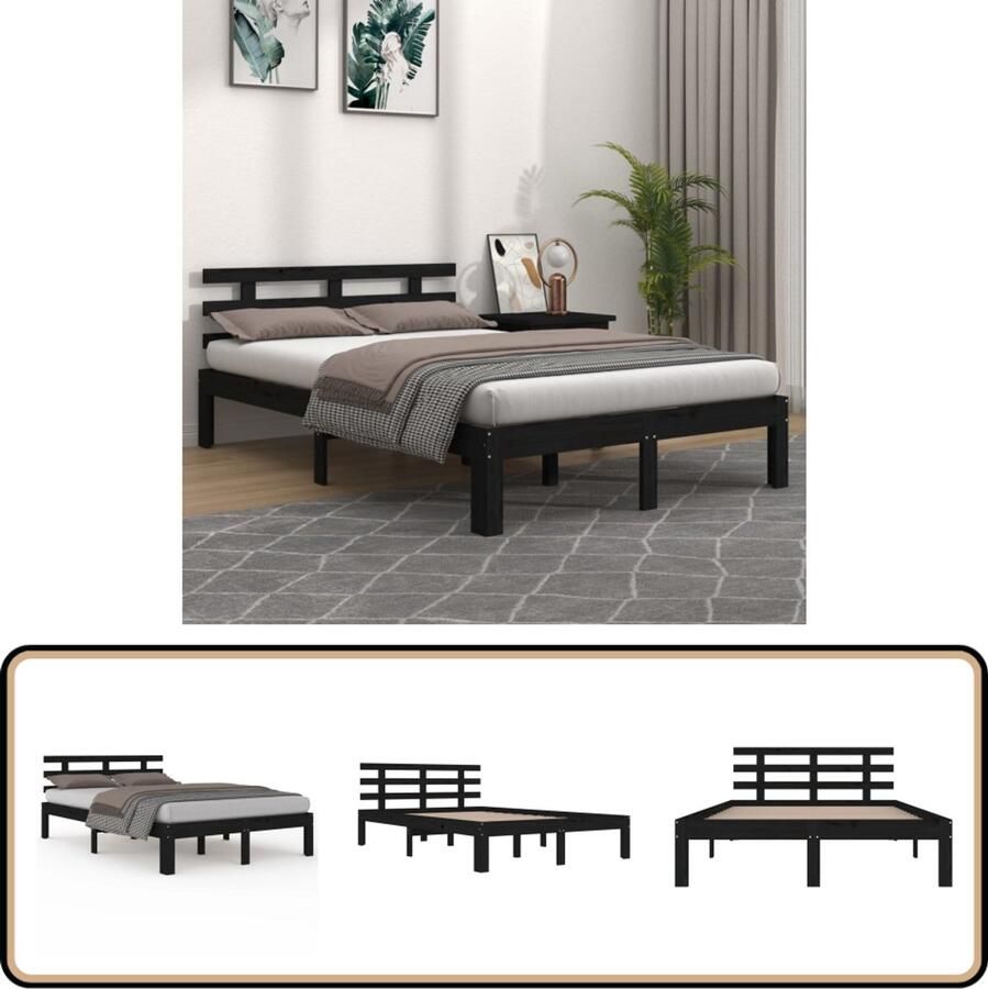 VidaXL Bedframe Massief Hout Zwart 150x200 cm Houten Bedframe Tweepersoons Bed Zwarte Bedpost Modern Bed Design Bed Massief Grenenhout Stabiele Bedbodems