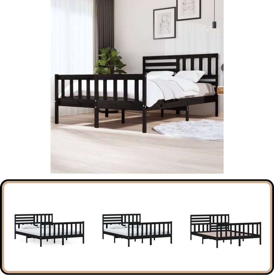 VidaXL Bedframe Massief Hout Zwart 150x200 cm Houten Bedframe Tweepersoons Bed Zwarte Bedpost Grenenhout Bed King Size Bed Modern Bed Minimalistisch Bed Slaapcomfort