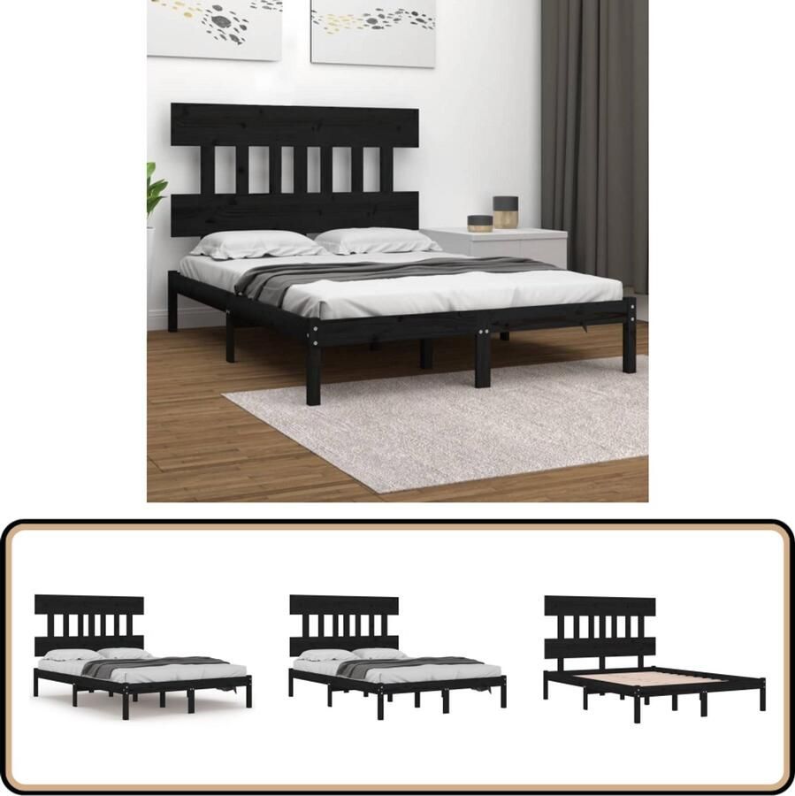 VidaXL Bedframe Massief Hout Zwart 150x200 cm Houten Bedframe Tweepersoonsbed Massief Grenenhout Zwarte Bedbank King Size Bed Hoofdbord Modern Bed Minimalistisch Bed Slaapkamers