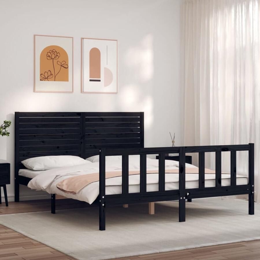 VidaXL Bedframe Massief Hout Zwart 150x200 cm Massief Hout Bed Frame Grenenhout Bed Zwart Bed King Size Bed Boxspring Bed Tweepersoons Bed - Foto 2