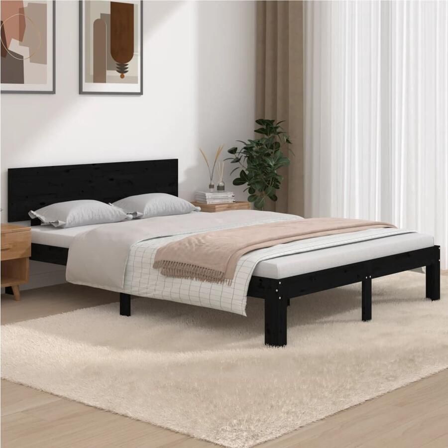 VidaXL Bedframe Massief Hout Zwart 150x200 cm Modern Bedframe Houten Bed King Size Bed Zwarte Bedbank Tweepersoons Bed Massief Grenenhout Bed Design Bed - Foto 2