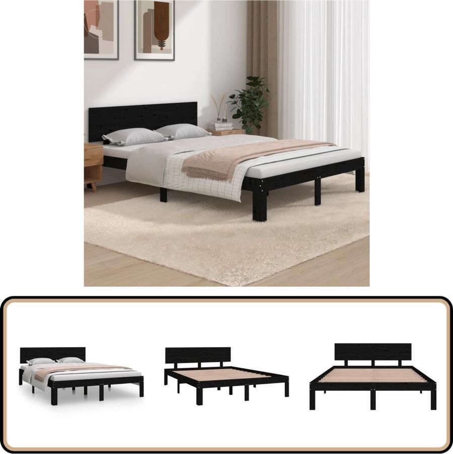 VidaXL Bedframe Massief Hout Zwart 150x200 cm Modern Bedframe Houten Bed King Size Bed Zwarte Bedbank Tweepersoons Bed Massief Grenenhout Bed Design Bed
