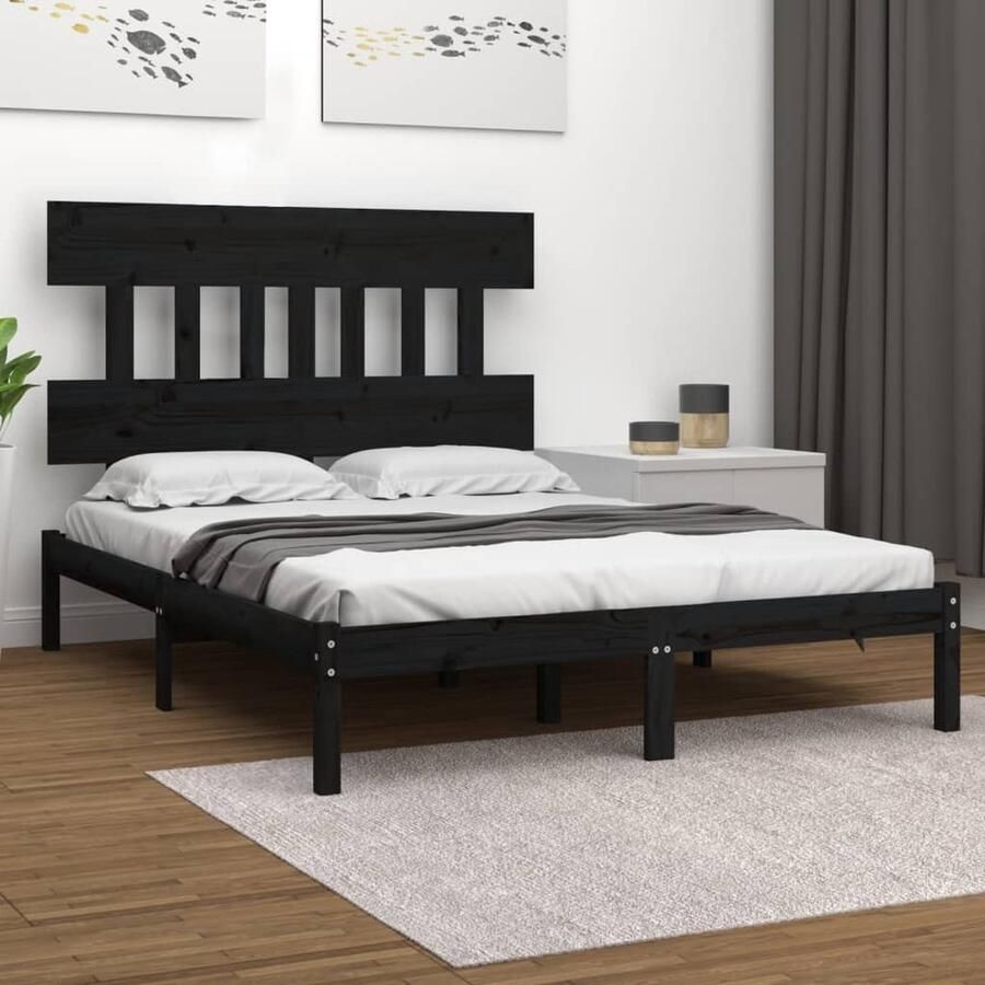 VidaXL Bedframe Massief Hout Zwart 200x200 cm Houten Bedframe Tweepersoons Bed Zwarte Bedbank Massief Grenenhout Hoofdbord Modern Bed Minimalistisch Bed Slaapkamers - Foto 2