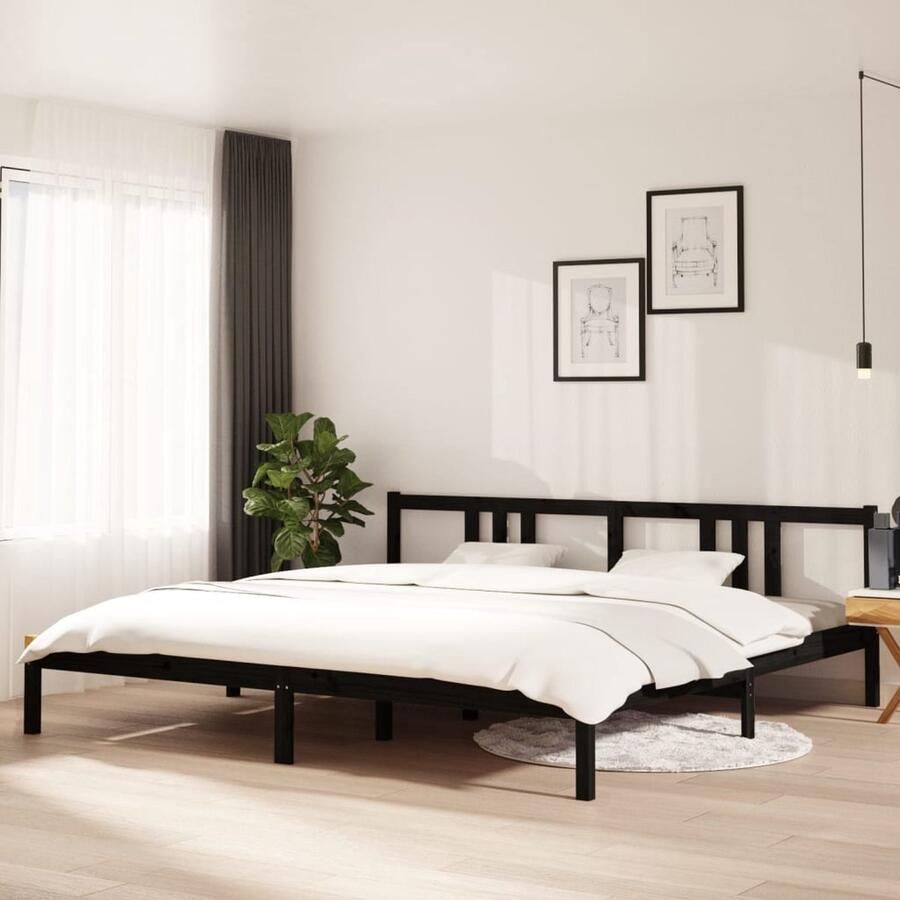 VidaXL Bedframe Massief Hout Zwart 200x200 cm Houten Bedframe Tweepersoons Bed Zwarte Bedbank Modern Bed Design Bed Massief Grenenhout Bed Stabiele Bedbodems - Foto 2