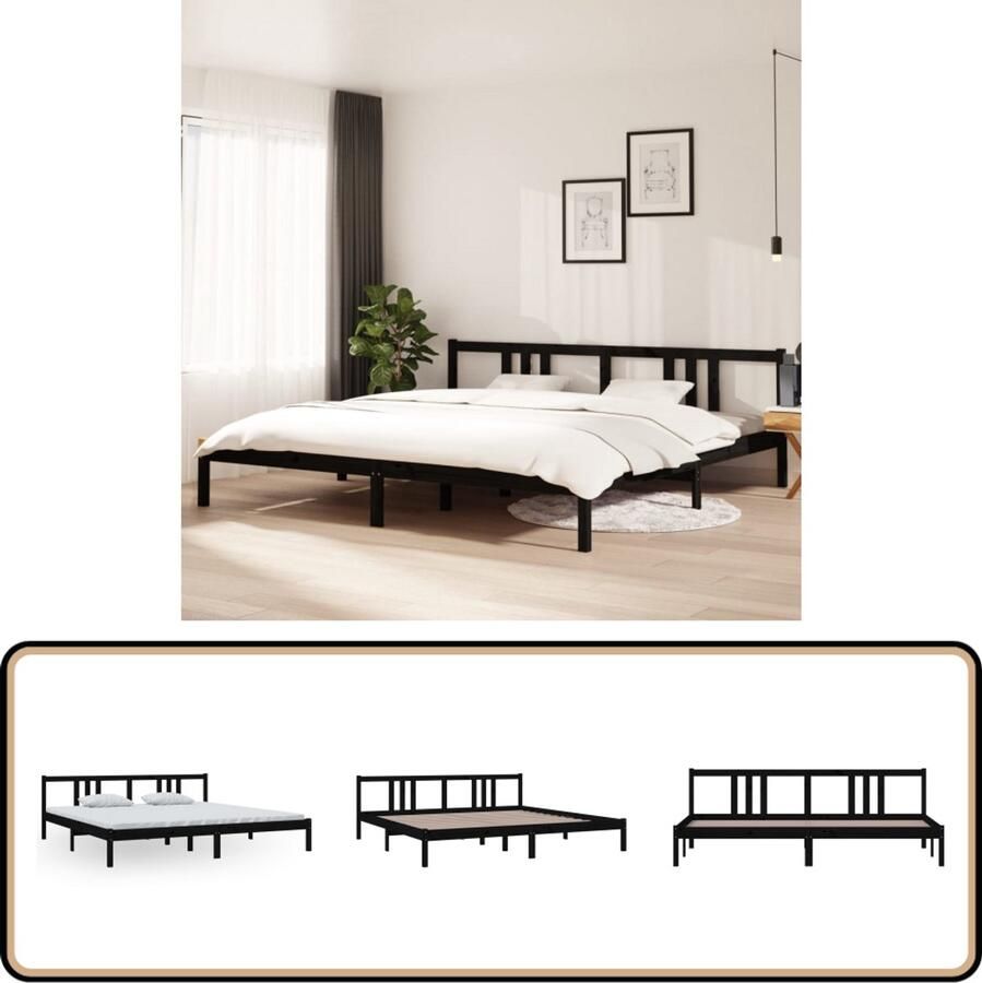 VidaXL Bedframe Massief Hout Zwart 200x200 cm Houten Bedframe Tweepersoons Bed Zwarte Bedbank Modern Bed Design Bed Massief Grenenhout Bed Stabiele Bedbodems