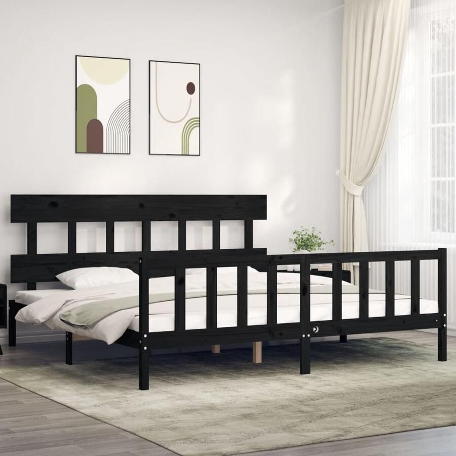 VidaXL Bedframe Massief Hout Zwart 200x200 cm Massief Houten Bed Frame Tweepersoons Bed Zwarte Bedpost Hoofdboard Bed Frame Design Slaapkamer Meubels Boxspring Bed - Foto 2