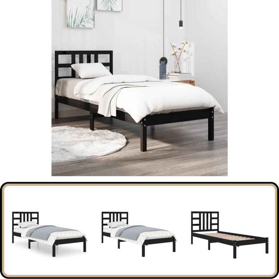 VidaXL Bedframe Massief Hout Zwart 75x190 cm Bed Frame Massief Hout Bed Zwarte Bedframe Enkel Bed Eenpersoonsbed