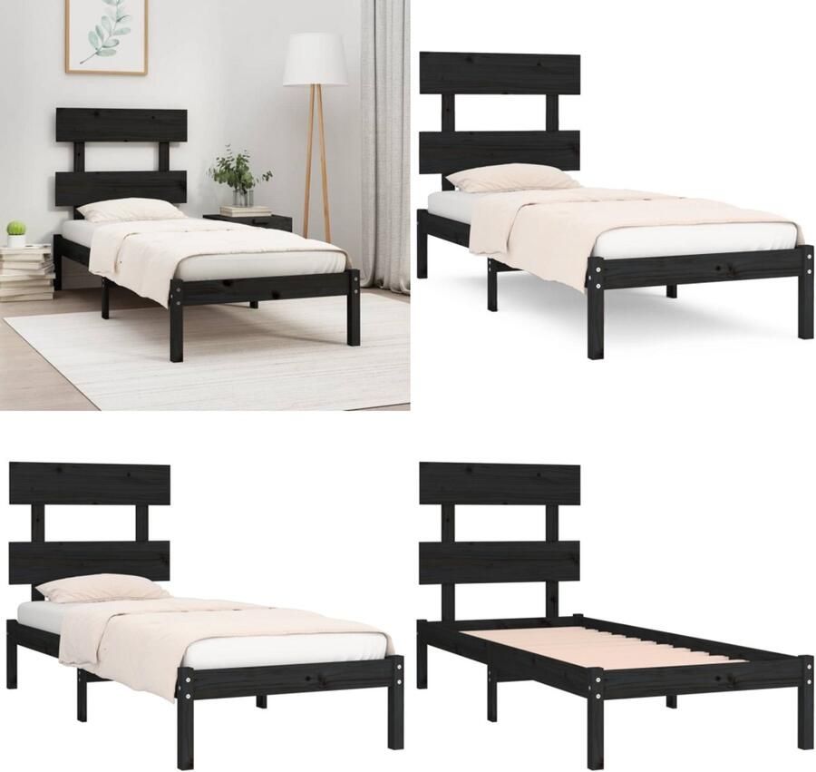VidaXL Bedframe massief hout zwart 75x190 cm Bedframe Bedframes Eenpersoonsbed Bed