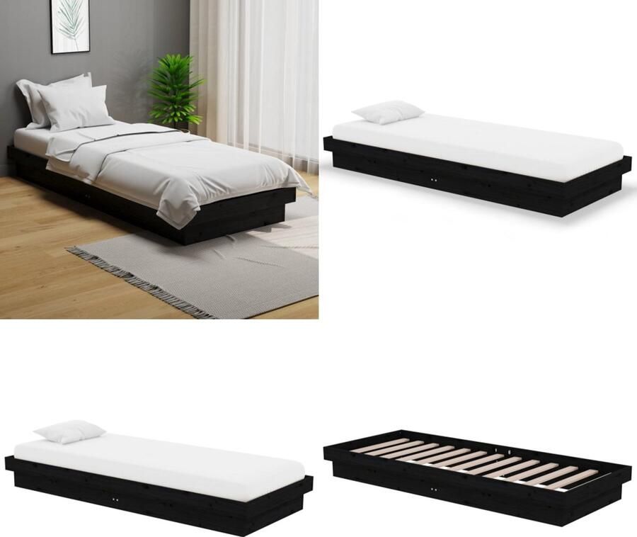 VidaXL Bedframe massief hout zwart 75x190 cm Bedframe Bedframes Eenpersoonsbed Bed