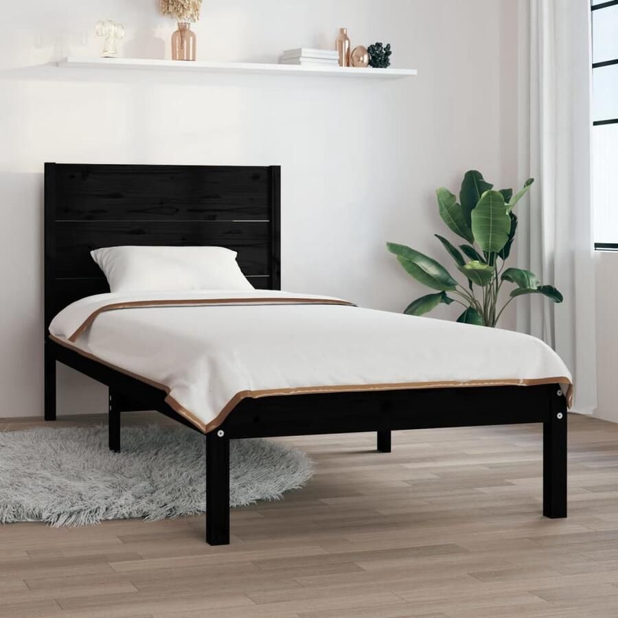 VidaXL Bedframe massief hout zwart 75x190 cm Houten Bed Frame Bedframe Zwart Enkel Bed Klein Tweepersoonsbed Massief Grenenhout Boxspring - Foto 2