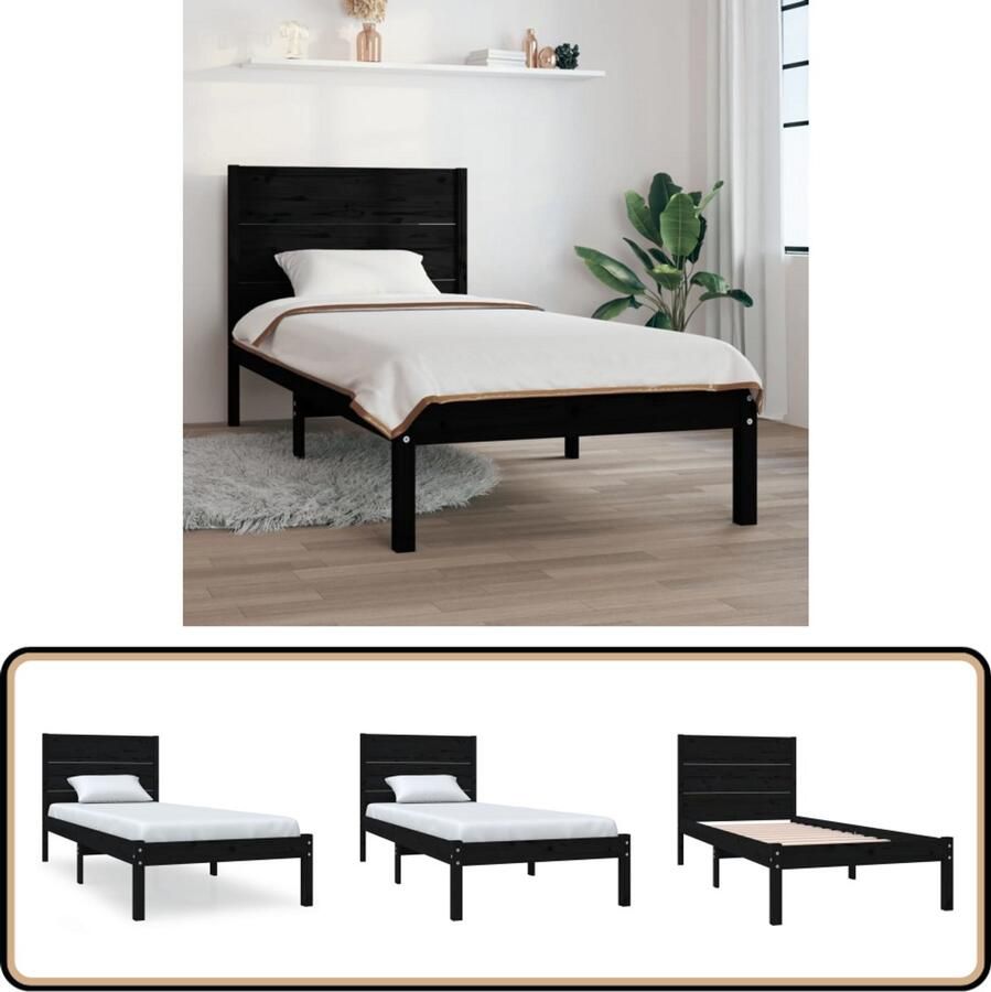 VidaXL Bedframe massief hout zwart 75x190 cm Houten Bed Frame Bedframe Zwart Enkel Bed Klein Tweepersoonsbed Massief Grenenhout Boxspring