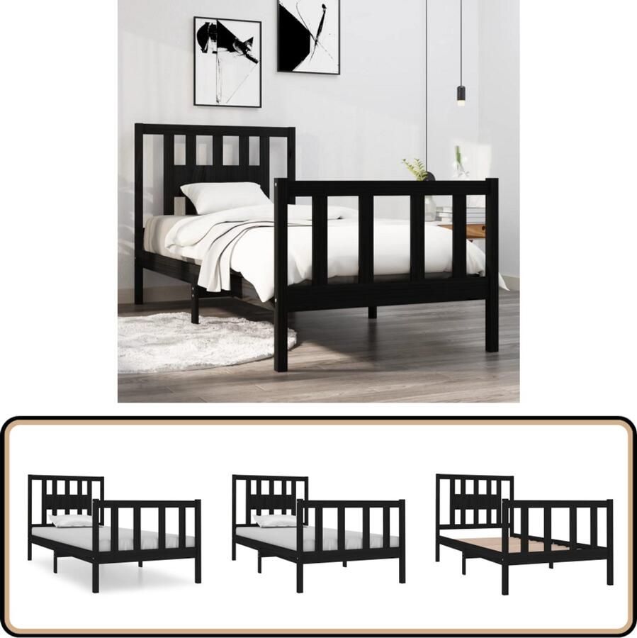 VidaXL Bedframe massief hout zwart 75x190 cm Houten Bed Frame Klassiek Bed Grenenhout Bed Zwarte Bed Tweepersoons Bed Klein Enkel Bed Boxspring Bed