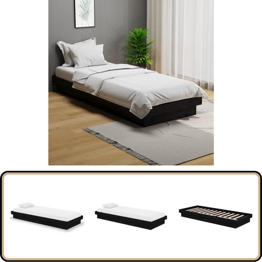 VidaXL Bedframe Massief Hout Zwart 75x190 cm Houten Bed Frame Massief Grenenhout Bed Zwarte Bedframe Eenpersoons Bed Klein Tweepersoons Bed
