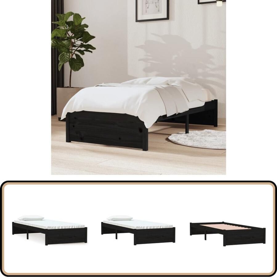VidaXL Bedframe Massief Hout Zwart 75x190 cm Houten Bedframe Eenpersoonsbed Massief Grenenhout Zwarte Bedframe Stabiele Bedbodems